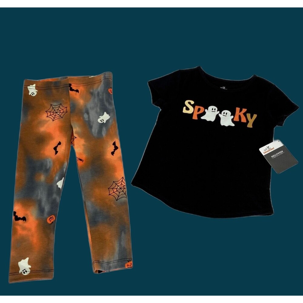 Halloween Girls Shirt Pants Set 3T Ghost Spooky Black Orange Tie Dye Knit